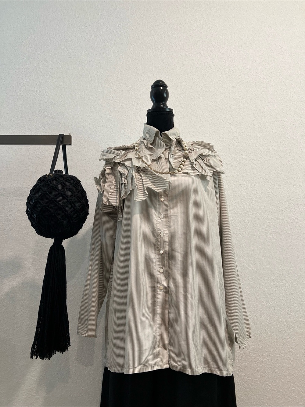 Ruffle Collar Button-Down Shirt in Light Beige Stripe